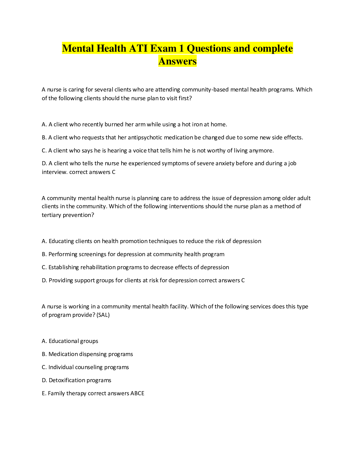 Preview image for Mental Health ATI Exam 1 Questions and complete Answers